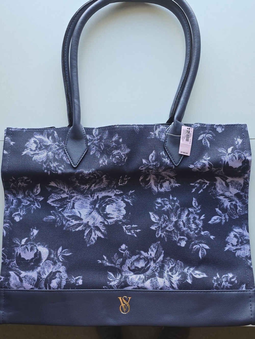 Victoria's Secret Navy Floral Tote with Gold Logo